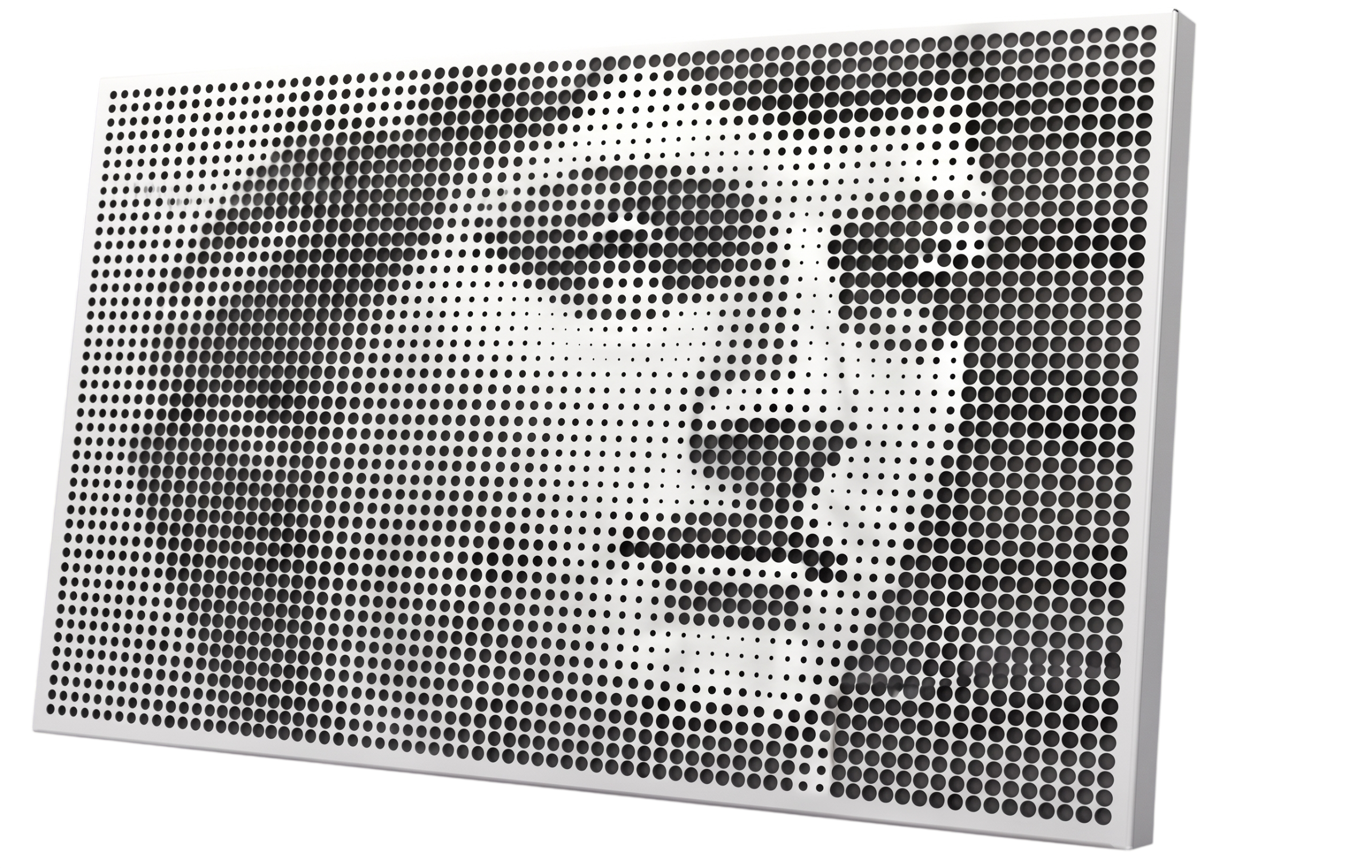 Painel 3D halftone gerado a partir de uma imagem — metade foto, metade relevo circular